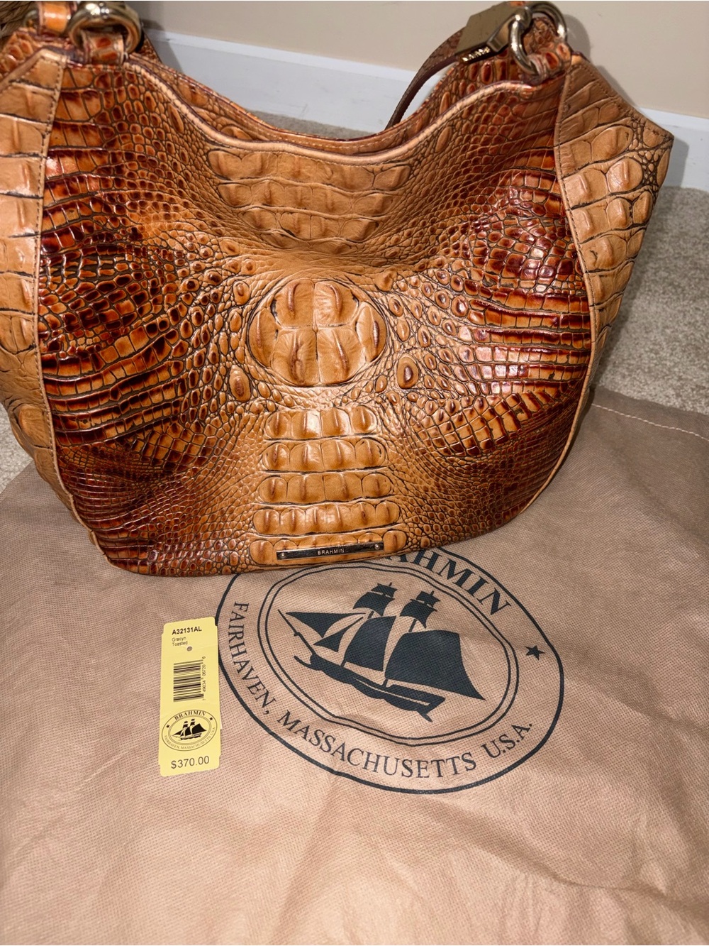 Brahmin Vintage Cognac Embossed Leather Bag